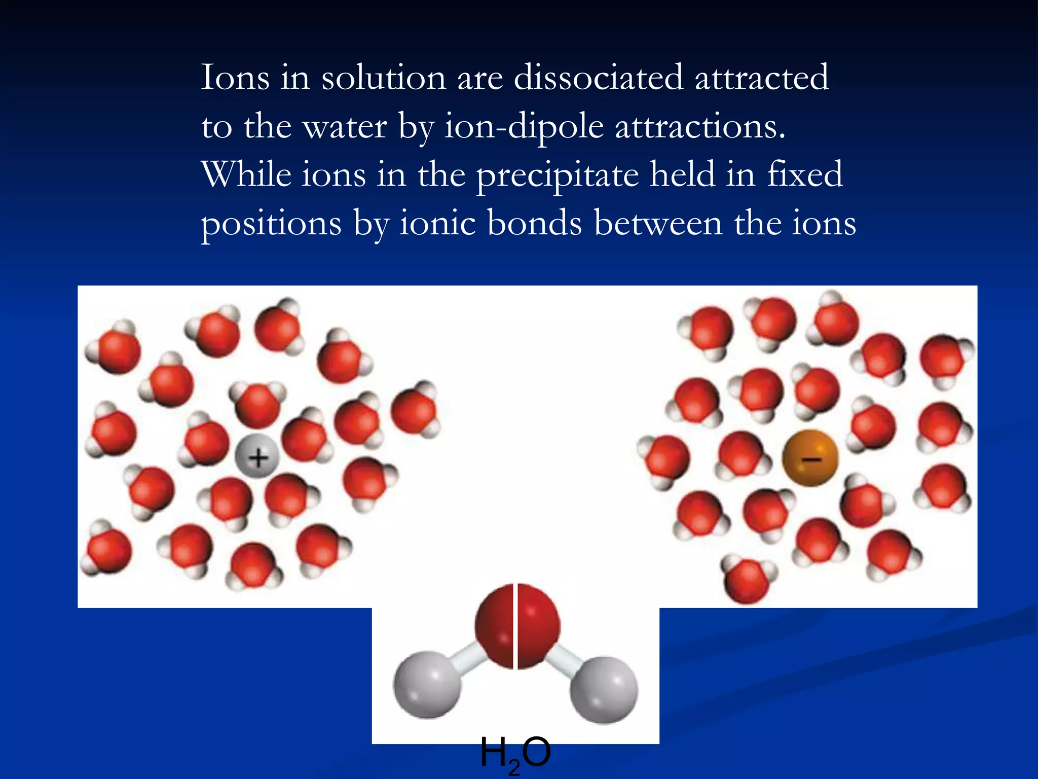 Ions in solution are dissociated attracted to the water by ion-dipole attractions. While ions in the precipitate held in fixed positions by ionic bonds between the ions     H 2 O 