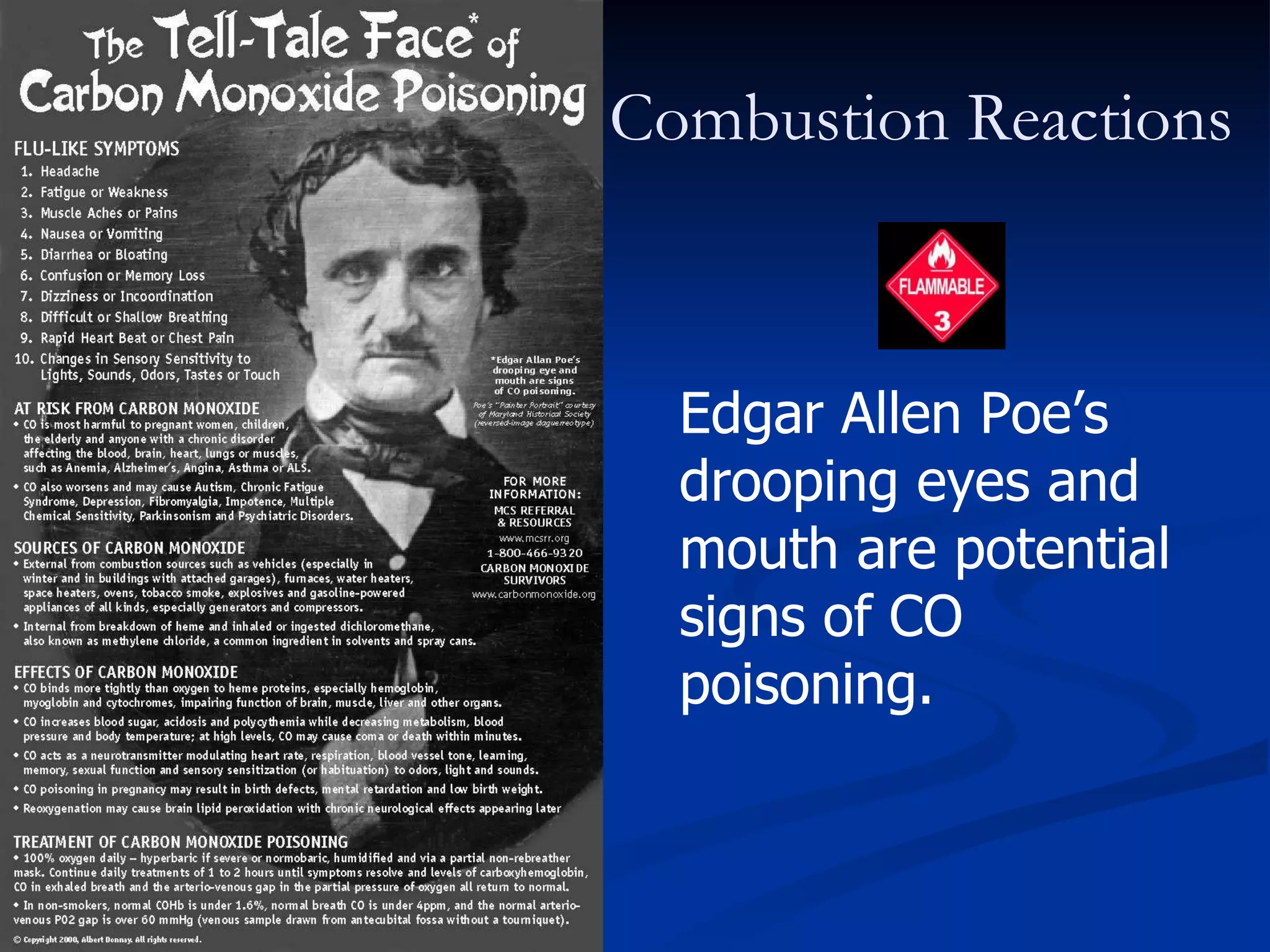 Combustion Reactions Edgar Allen Poe’s drooping eyes and mouth are potential signs of CO poisoning. 