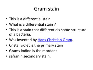 Gram stain
• This is a differential stain
• What is a differential stain ?
• This is a stain that differentials some structure
  of a bacteria.
• Was invented by Hans Christian Gram.
• Cristal violet is the primary stain
• Grams iodine is the mordant
• safranin secondary stain.
 