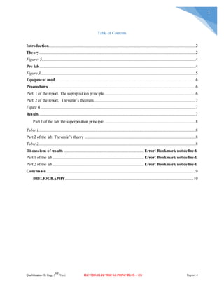 nd 
Qualificat ion (B. Eng., 2 
Yea r) ELC 520S ELECTRICAL PRINCIPLES – 124 Report 4 
1 
Table of Contents 
Introduction......................................................................................................................................2 
Theory ..............................................................................................................................................2 
Figure: 5............................................................................................................................................4 
Pre lab ..............................................................................................................................................4 
Figure 3 .............................................................................................................................................5 
Equipment used ................................................................................................................................6 
Proceedures ......................................................................................................................................6 
Part: 1 of the report. The superposition principle ...................................................................................6 
Part: 2 of the report. Thevenin’s theorem.............................................................................................7 
Figure 4 .............................................................................................................................................7 
Results ..............................................................................................................................................7 
Part 1 of the lab: the superposition principle. ..................................................................................8 
Table 1...............................................................................................................................................8 
Part 2 of the lab: Thevenin’s theory .....................................................................................................8 
Table 2...............................................................................................................................................8 
Discussions of results ......................................................................... Error! Bookmark not defined. 
Part 1 of the lab ................................................................................... Error! Bookmark not defined. 
Part 2 of the lab ................................................................................... Error! Bookmark not defined. 
Conclusion ........................................................................................................................................9 
BIBLIOGRAPHY..................................................................................................................... 10 
 