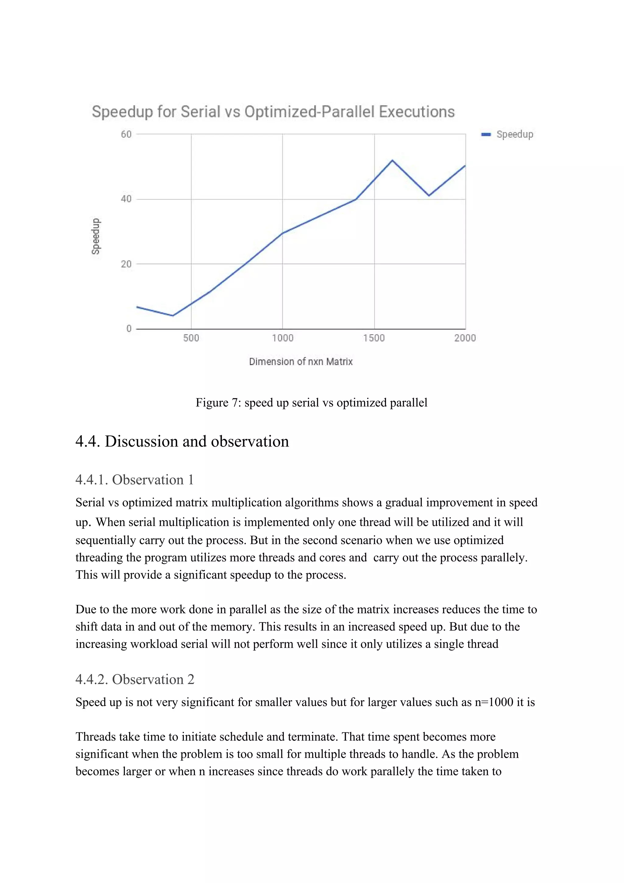 Figure 7: speed up serial vs optimized parallel
4.4. Discussion and observation
4.4.1. Observation 1
Serial vs optimized matrix multiplication algorithms shows a gradual improvement in speed
up​. ​When serial multiplication is implemented only one thread will be utilized and it will
sequentially carry out the process. But in the second scenario when we use optimized
threading the program utilizes more threads and cores and carry out the process parallely.
This will provide a significant speedup to the process.
Due to the more work done in parallel as the size of the matrix increases reduces the time to
shift data in and out of the memory. This results in an increased speed up. But due to the
increasing workload serial will not perform well since it only utilizes a single thread
4.4.2. Observation 2
Speed up is not very significant for smaller values but for larger values such as n=1000 it is
Threads take time to initiate schedule and terminate. That time spent becomes more
significant when the problem is too small for multiple threads to handle. As the problem
becomes larger or when n increases since threads do work parallely the time taken to
 