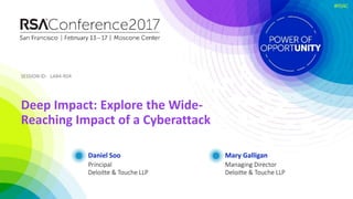 SESSION ID:SESSION ID:
#RSAC
Daniel Soo
Deep Impact: Explore the Wide-
Reaching Impact of a Cyberattack
LAB4-R04
Principal
Deloitte & Touche LLP
Mary Galligan
Managing Director
Deloitte & Touche LLP
 