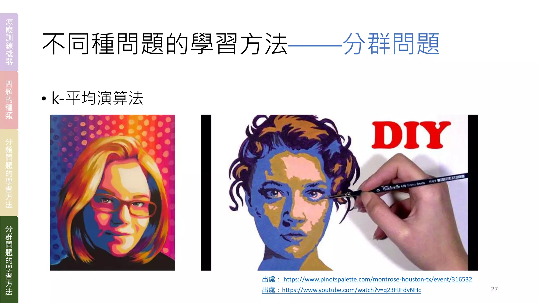 27
• k-平均演算法
出處：https://www.youtube.com/watch?v=q23HJFdvNHc
出處： https://www.pinotspalette.com/montrose-houston-tx/event/316532
不同種問題的學習方法——分群問題
怎
麼
訓
練
機
器
問
題
的
種
類
分
類
問
題
的
學
習
方
法
分
群
問
題
的
學
習
方
法
 