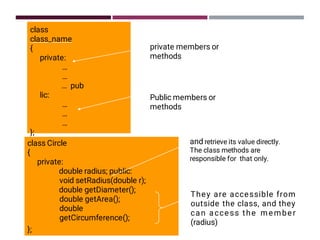 class
class_name
{
private:
…
…
… pub
lic:
…
…
…
};
Public members or
methods
private members or
methods
class Circle
{
private:
double radius; public:
void setRadius(double r);
double getDiameter();
double getArea();
double
getCircumference();
};
and retrieve its value directly.
The class methods are
responsible for that only.
They are accessible from
outside the class, and they
can access the member
(radius)
 