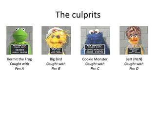 The culprits



Kermit the Frog     Big Bird    Cookie Monster    Bert (NLN)
 Caught with      Caught with    Caught with     Caught with
    Pen A            Pen B          Pen C           Pen D
 