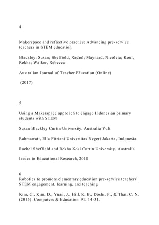 4
Makerspace and reflective practice: Advancing pre-service
teachers in STEM education
Blackley, Susan; Sheffield, Rachel; Maynard, Nicoleta; Koul,
Rekha; Walker, Rebecca
Australian Journal of Teacher Education (Online)
(2017)
5
Using a Makerspace approach to engage Indonesian primary
students with STEM
Susan Blackley Curtin University, Australia Yuli
Rahmawati, Ella Fitriani Universitas Negeri Jakarta, Indonesia
Rachel Sheffield and Rekha Koul Curtin University, Australia
Issues in Educational Research, 2018
6
Robotics to promote elementary education pre-service teachers'
STEM engagement, learning, and teaching
Kim, C., Kim, D., Yuan, J., Hill, R. B., Doshi, P., & Thai, C. N.
(2015). Computers & Education, 91, 14-31.
 