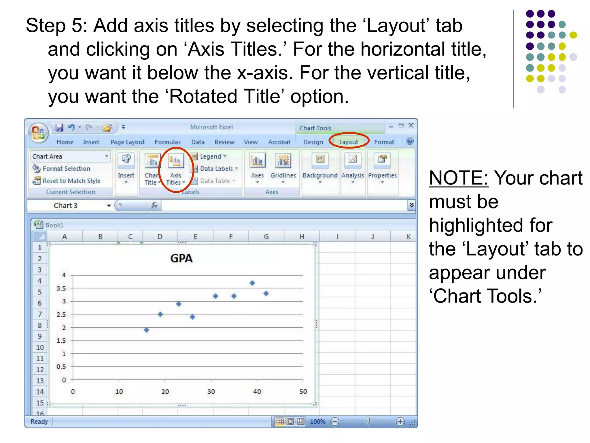 Step 5: Add axis titles by selecting the ‘Layout’ tab
and clicking on ‘Axis Titles.’ For the horizontal title,
you want it below the x-axis. For the vertical title,
you want the ‘Rotated Title’ option.
NOTE: Your chart
must be
highlighted for
the ‘Layout’ tab to
appear under
‘Chart Tools.’
 