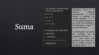 Operamos como en el
sistema decimal:
comenzamos a sumar
desde la derecha, en
nuestro ejemplo, 1 + 1 =
10, entonces escribimos 0
en la fila del resultado y
nos llevamos 1 (este "1"
se llama arrastre).
A continuación se suman
los números de la
siguiente columna: 0 + 0
= 0, pero como nos
tenemos que sumar el 1
de la anterior suma, el
resultado será 0 + 1 = 1.
 