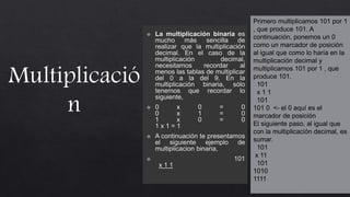 Primero multiplicamos 101 por 1
, que produce 101. A
continuación, ponemos un 0
como un marcador de posición
al igual que como lo haría en la
multiplicación decimal y
multiplicamos 101 por 1 , que
produce 101.
101
x 1 1
101
101 0 <- el 0 aquí es el
marcador de posición
El siguiente paso, al igual que
con la multiplicación decimal, es
sumar.
101
x 11
101
1010
1111
 