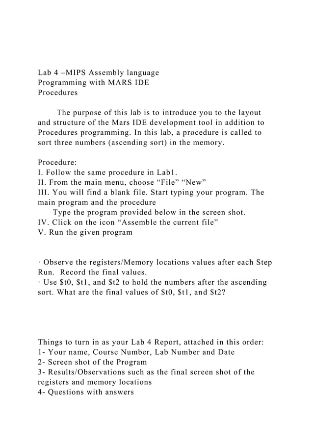 Lab 4 –MIPS Assembly languageProgramming with MARS IDEProced.docx ...
