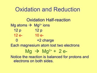 Oxidation and Reduction  Oxidation Half-reaction Mg atoms     Mg 2+  ions 12 p 12 p 12 e- 10 e-   0   +2 charge Each magnesium atom lost two electrons  Mg     Mg 2+  +  2 e- Notice the reaction is balanced for protons and electrons on both sides. 