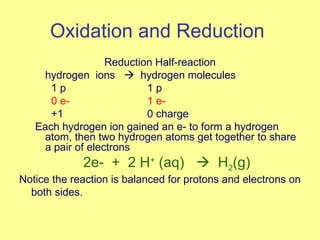 Oxidation and Reduction  Reduction Half-reaction hydrogen  ions     hydrogen molecules 1 p 1 p 0 e- 1 e-   +1   0 charge Each hydrogen ion gained an e- to form a hydrogen atom, then two hydrogen atoms get together to share a pair of electrons 2e-  +  2 H +  (aq)     H 2 (g)   Notice the reaction is balanced for protons and electrons on both sides. 