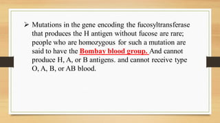 ➢ Mutations in the gene encoding the fucosyltransferase
that produces the H antigen without fucose are rare;
people who are homozygous for such a mutation are
said to have the Bombay blood group. And cannot
produce H, A, or B antigens. and cannot receive type
O, A, B, or AB blood.
 