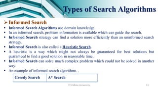 FCI-Minia University 11
Informed Search
 Informed Search Algorithms use domain knowledge.
 In an informed search, problem information is available which can guide the search.
 Informed Search strategy can find a solution more efficiently than an uninformed search
strategy.
 Informed Search is also called a Heuristic Search.
 A heuristic is a way which might not always be guaranteed for best solutions but
guaranteed to find a good solution in reasonable time.
 Informed Search can solve much complex problem which could not be solved in another
way.
 An example of informed search algorithms .
Greedy Search A* Search
Types of Search Algorithms
 
