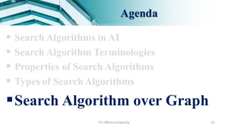 Agenda
 Search Algorithms in AI
 Search Algorithm Terminologies
 Properties of Search Algorithms
 Types of Search Algorithms
Search Algorithm over Graph
FCI-Minia University 12
 