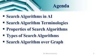 Agenda
 Search Algorithms in AI
 Search Algorithm Terminologies
 Properties of Search Algorithms
 Types of Search Algorithms
 Search Algorithm over Graph
FCI-Minia University 2
 