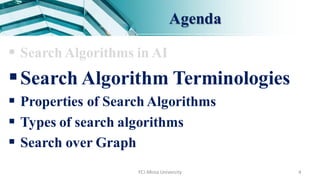 Agenda
 Search Algorithms in AI
Search Algorithm Terminologies
 Properties of Search Algorithms
 Types of search algorithms
 Search over Graph
FCI-Minia University 4
 