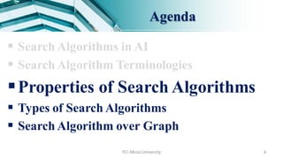 Agenda
 Search Algorithms in AI
 Search Algorithm Terminologies
Properties of Search Algorithms
 Types of Search Algorithms
 Search Algorithm over Graph
FCI-Minia University 6
 