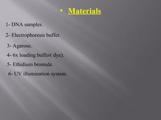 • Materials
1- DNA samples.
2- Electrophoresis buffer.
3- Agarose.
4- 6x loading buffer( dye).
5- Ethidium bromide.
6- UV illumination system.
 