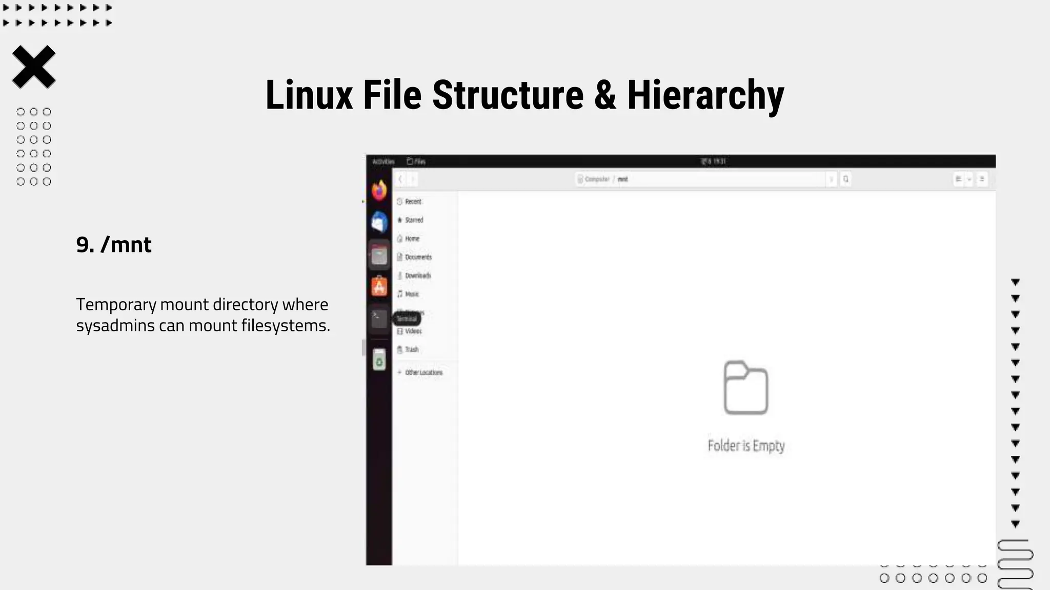 Temporary mount directory where
sysadmins can mount filesystems.
Linux File Structure & Hierarchy
9. /mnt
 