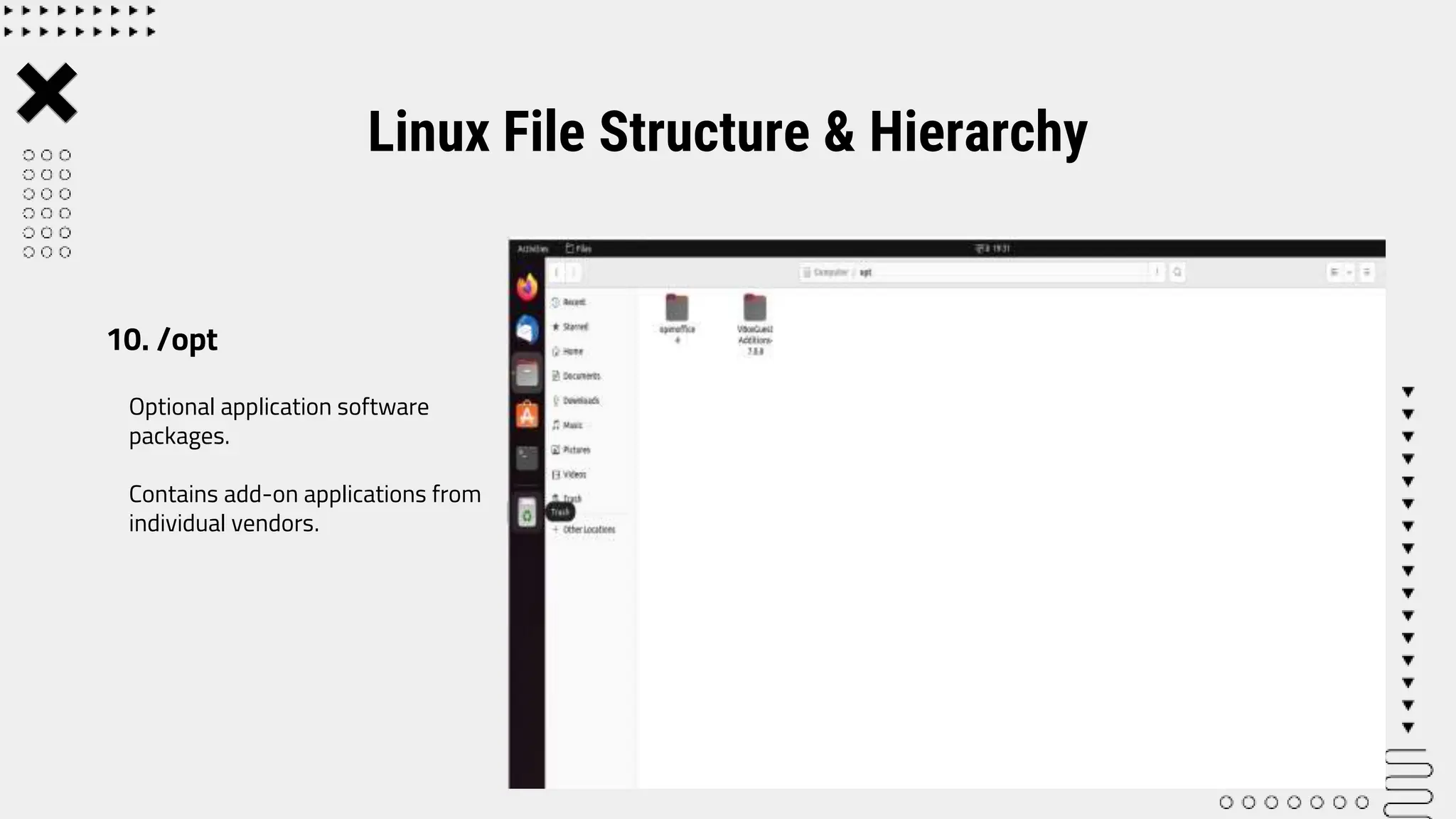 Optional application software
packages.
Contains add-on applications from
individual vendors.
Linux File Structure & Hierarchy
10. /opt
 