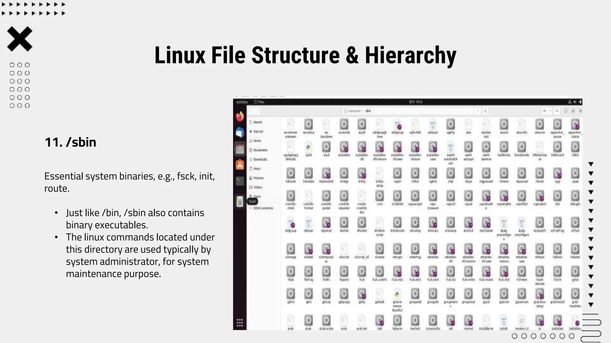 Essential system binaries, e.g., fsck, init,
route.
• Just like /bin, /sbin also contains
binary executables.
• The linux commands located under
this directory are used typically by
system administrator, for system
maintenance purpose.
Linux File Structure & Hierarchy
11. /sbin
 