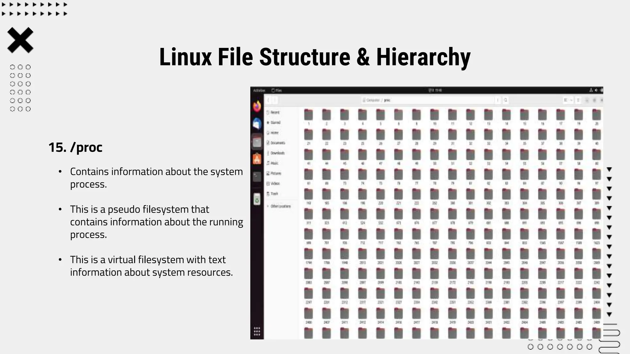 • Contains information about the system
process.
• This is a pseudo filesystem that
contains information about the running
process.
• This is a virtual filesystem with text
information about system resources.
Linux File Structure & Hierarchy
15. /proc
 