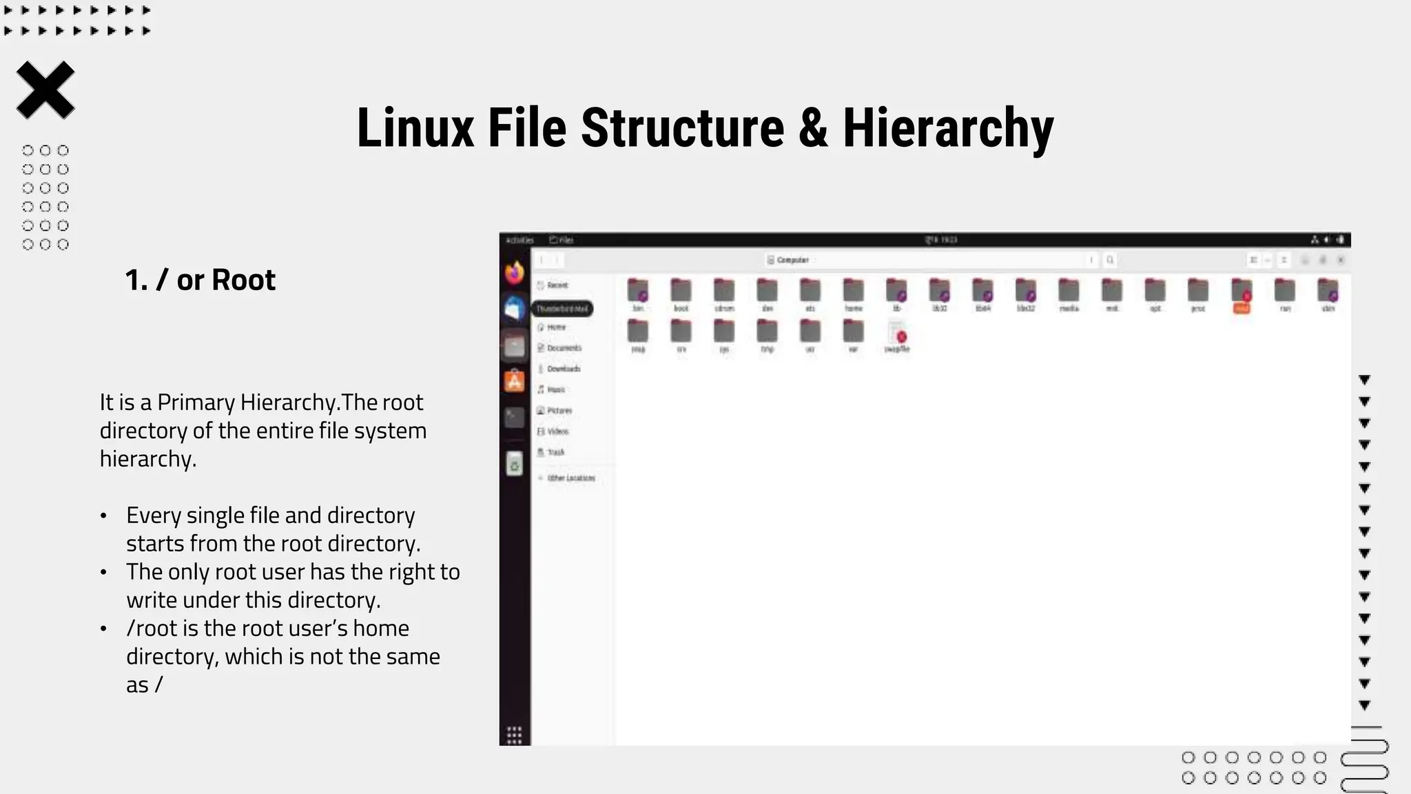 It is a Primary Hierarchy.The root
directory of the entire file system
hierarchy.
• Every single file and directory
starts from the root directory.
• The only root user has the right to
write under this directory.
• /root is the root user’s home
directory, which is not the same
as /
Linux File Structure & Hierarchy
1. / or Root
 