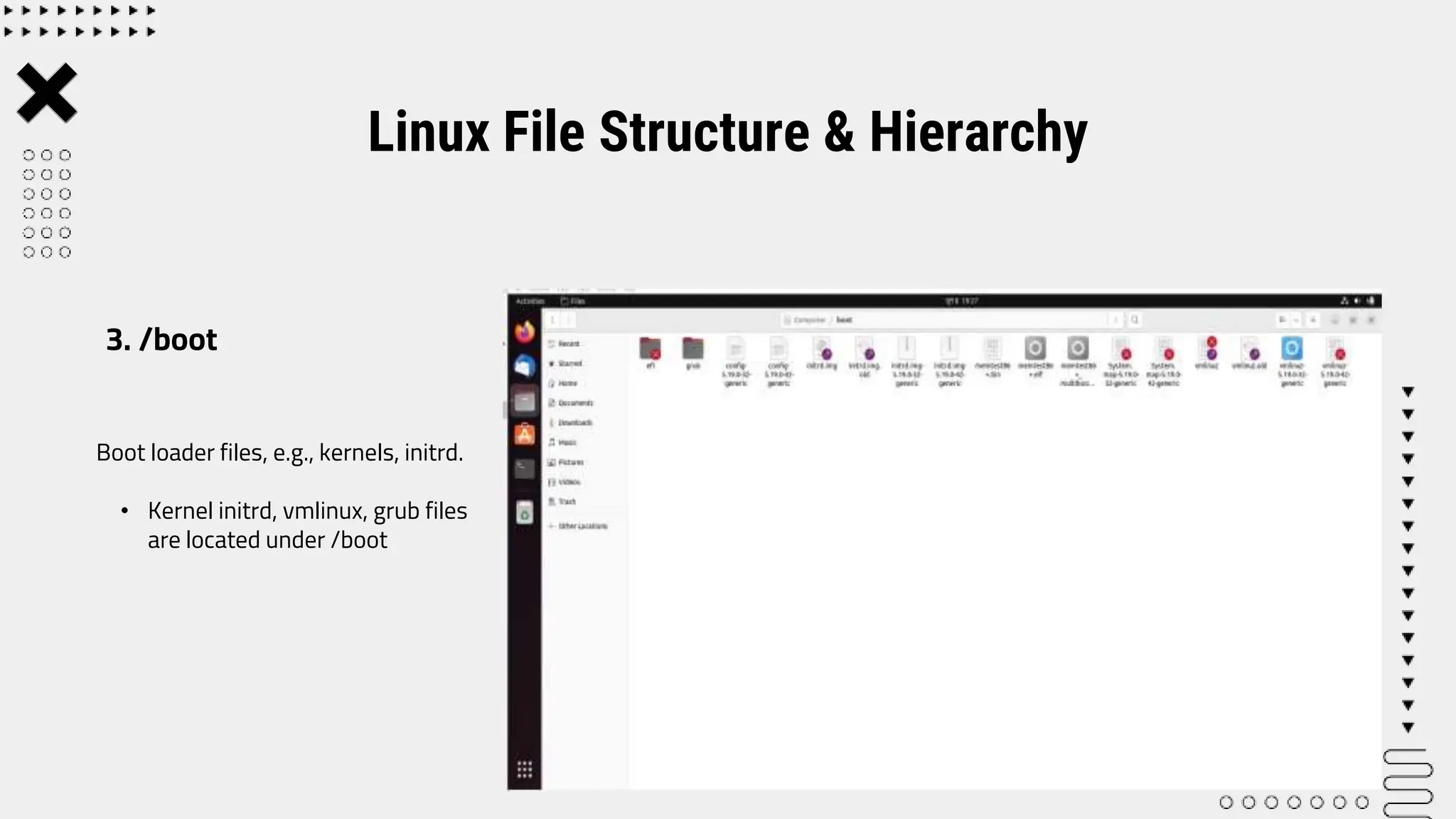 Boot loader files, e.g., kernels, initrd.
• Kernel initrd, vmlinux, grub files
are located under /boot
Linux File Structure & Hierarchy
3. /boot
 