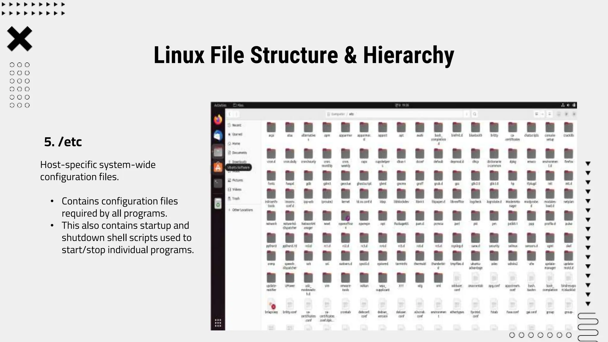 Host-specific system-wide
configuration files.
• Contains configuration files
required by all programs.
• This also contains startup and
shutdown shell scripts used to
start/stop individual programs.
Linux File Structure & Hierarchy
5. /etc
 