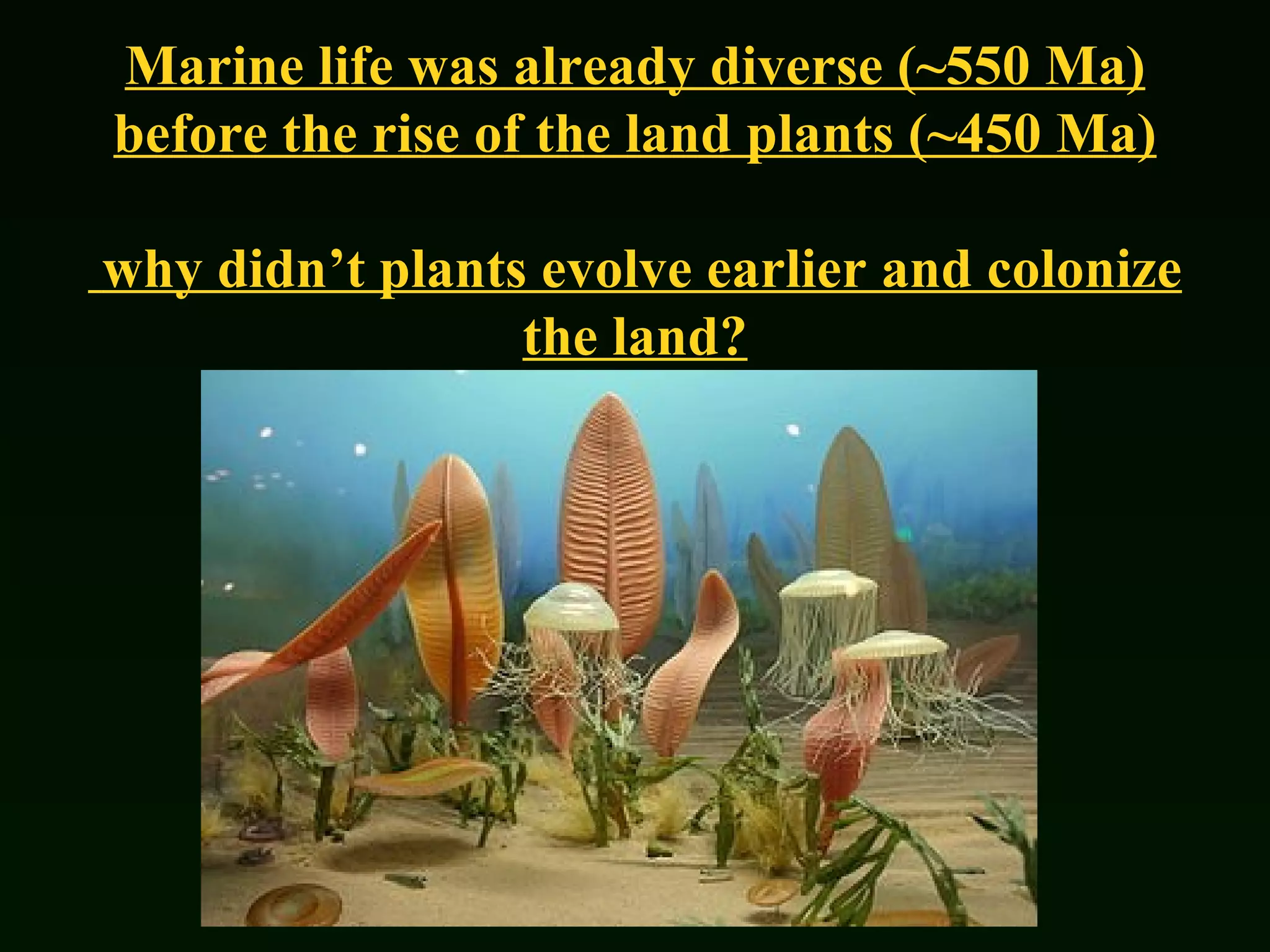 Marine life was already diverse (~550 Ma) before the rise of the land plants (~450 Ma) why didn’t plants evolve earlier and colonize the land? 