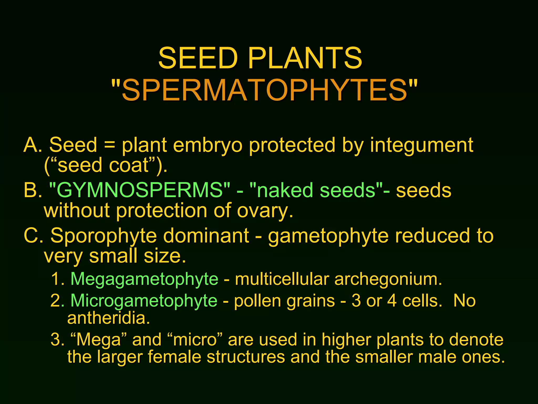 SEED PLANTS  " SPERMATOPHYTES " A.  Seed = plant embryo protected by integument (“seed coat”). B.  "GYMNOSPERMS" - "naked seeds"-  seeds without protection of ovary. C.  Sporophyte dominant - gametophyte reduced to very small size. 1.  Megagametophyte  - multicellular archegonium. 2 .  Microgametophyte  - pollen grains - 3 or 4 cells.  No antheridia. 3.  “Mega” and “micro” are used in higher plants to denote the larger female structures and the smaller male ones. 