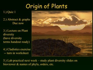 Origin of Plants 1.) Quiz 1 2.) Abstract & graphs  Due now 3.) Lecture on Plant  diversity (have diversity  terms handout ready) 4.) Cladistics exercise  -- turn in worksheet 5.) Lab practical next week – study plant diversity slides on bioviewer & names of phyla, orders, etc. 