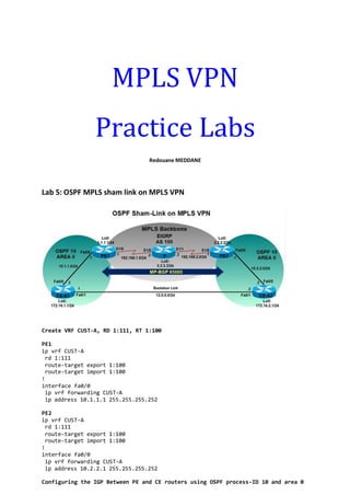 MPLS VPN
Practice Labs
Redouane MEDDANE
Lab 5: OSPF MPLS sham link on MPLS VPN
Create VRF CUST-A, RD 1:111, RT 1:100
PE1
ip vrf CUST-A
rd 1:111
route-target export 1:100
route-target import 1:100
!
interface fa0/0
ip vrf forwarding CUST-A
ip address 10.1.1.1 255.255.255.252
PE2
ip vrf CUST-A
rd 1:111
route-target export 1:100
route-target import 1:100
!
interface fa0/0
ip vrf forwarding CUST-A
ip address 10.2.2.1 255.255.255.252
Configuring the IGP Between PE and CE routers using OSPF process-ID 10 and area 0
 
