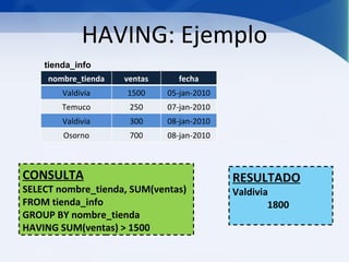 HAVING: Ejemplo
    tienda_info
     nombre_tienda   ventas     fecha
        Valdivia     1500     05-jan-2010
        Temuco        250     07-jan-2010
        Valdivia      300     08-jan-2010
        Osorno        700     08-jan-2010



CONSULTA                                    RESULTADO
SELECT nombre_tienda, SUM(ventas)           Valdivia
FROM tienda_info                                    1800
GROUP BY nombre_tienda
HAVING SUM(ventas) > 1500
 