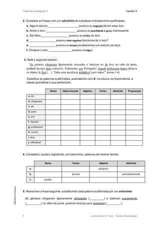 Teste de avaliação 3 Versão A
5 Livro aberto,5.º ano – Testes de avaliação
2. Completa as frases com um advérbio da subclasse indicada entre parênteses.
a. Alguns alunos ___________________ [advérbio de negação] leram esse livro.
b. Achei o livro ___________________ [advérbio de quantidade e grau] interessante.
c. Ele falou _________________ [advérbio de modo] do livro.
d. ________________ [advérbio interrogativo] tencionas ler o livro?
e. ________________ [advérbio de tempo] analisaremos um excerto da obra.
f. Comprei o livro ______________ [advérbio de lugar].
3. Relê o seguinte excerto:
“As gémeas chegaram ligeiramente atrasadas e bateram ao de leve no vidro da porta,
pedindo licença para entrarem. Felizmente, era Português! Aquela professora nunca deixava
os alunos lá fora […]. Tinha uma paciência infindável para todos!” [linhas 1-4]
Classifica as palavras sublinhadas, assinalando com X, na coluna correspondente, a
classe gramatical a que pertencem.
Nome Determinante Adjetivo Verbo Advérbio Preposição
a. As
b. chegaram
c. de
d. para
e. era
f. Aquela
g. professora
h. nunca
i. fora
j. infindável
4. Completa o quadro registando, em cada linha, palavras da mesma família.
Nome Verbo Adjetivo Advérbio
a. elogioso
b. pensar pensativamente
c. paixão
5. Reescreve a frase seguinte, substituindo cada palavra sublinhada por um antónimo.
As gémeas chegaram ligeiramente atrasadas (_________) e bateram suavemente
(_________) no vidro da porta, pedindo licença para entrarem (_________).
LAB5©PortoEditora
 