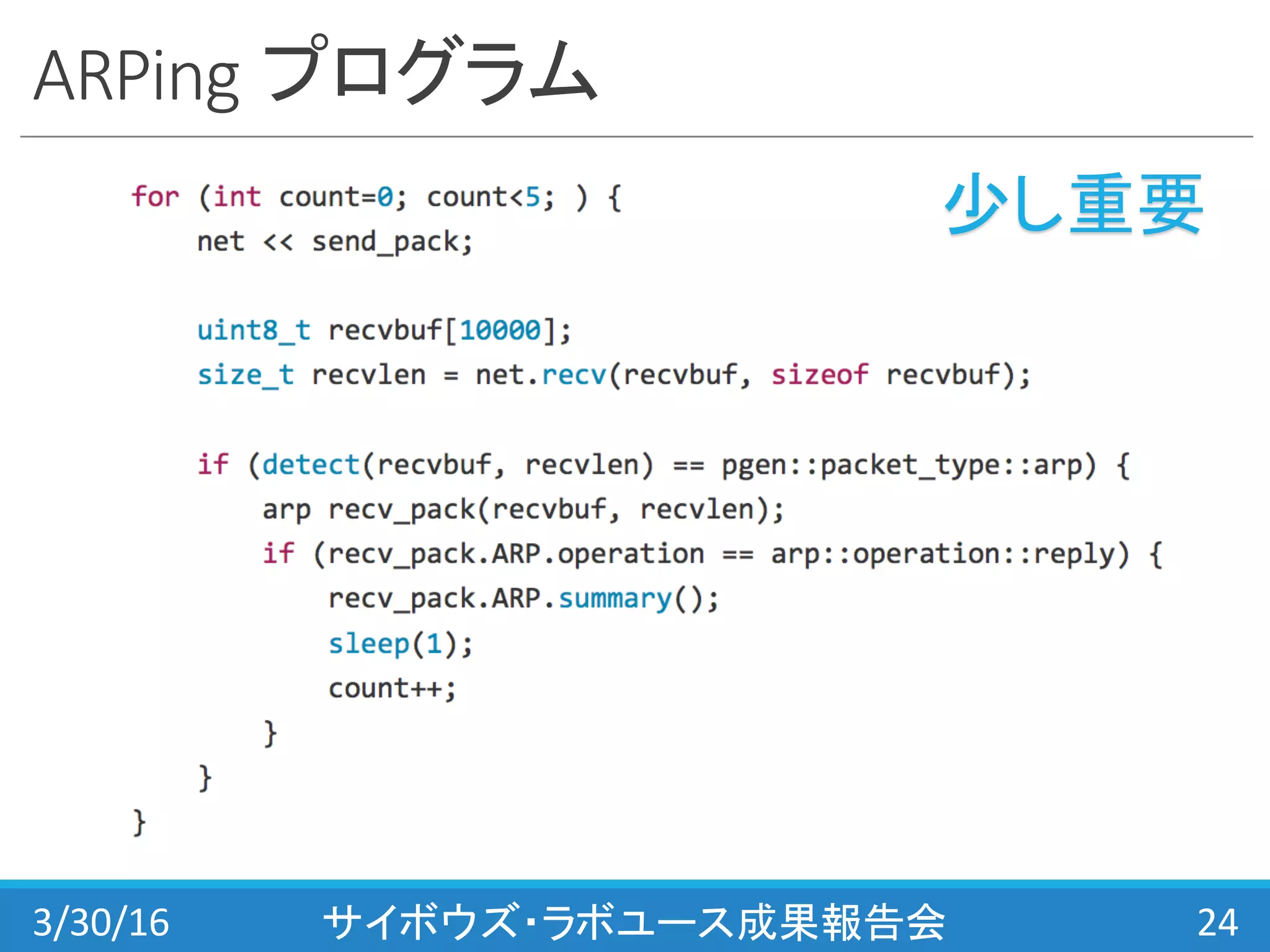 ARPing プログラム
3/30/16 サイボウズ・ラボユース成果報告会 24
少し重要
 