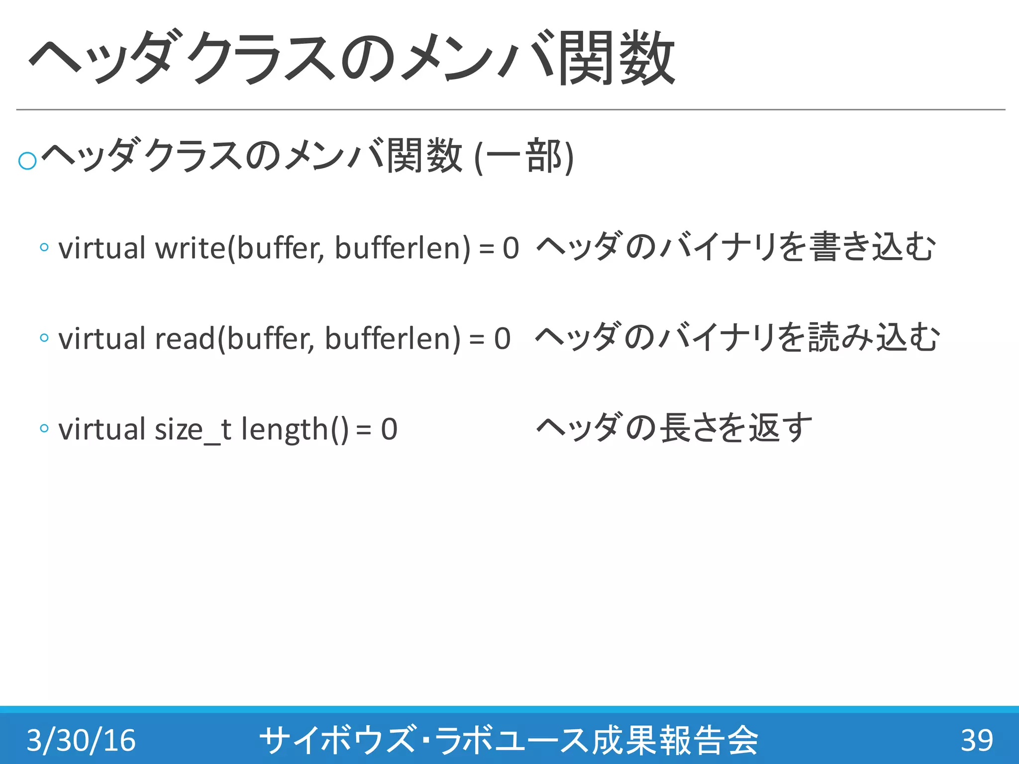 ヘッダクラスのメンバ関数
oヘッダクラスのメンバ関数 (一部)
◦ virtual	
  write(buffer,	
  bufferlen)	
  =	
  0	
  	
  ヘッダのバイナリを書き込む
◦ virtual	
  read(buffer,	
  bufferlen)	
  =	
  0	
  	
  	
  ヘッダのバイナリを読み込む
◦ virtual	
  size_t length()	
  =	
  0 ヘッダの長さを返す
3/30/16 サイボウズ・ラボユース成果報告会 39
 