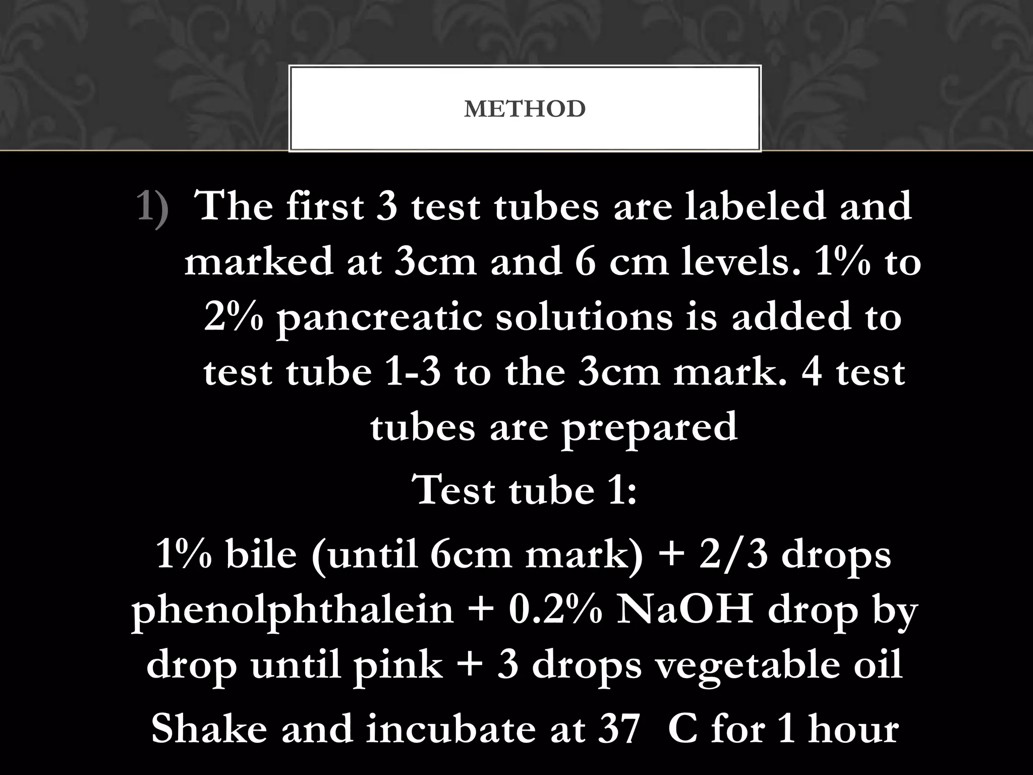 METHOD


1) The first 3 test tubes are labeled and
   marked at 3cm and 6 cm levels. 1% to
    2% pancreatic solutions is added to
    test tube 1-3 to the 3cm mark. 4 test
             tubes are prepared
               Test tube 1:
 1% bile (until 6cm mark) + 2/3 drops
phenolphthalein + 0.2% NaOH drop by
 drop until pink + 3 drops vegetable oil
 Shake and incubate at 37 C for 1 hour
 