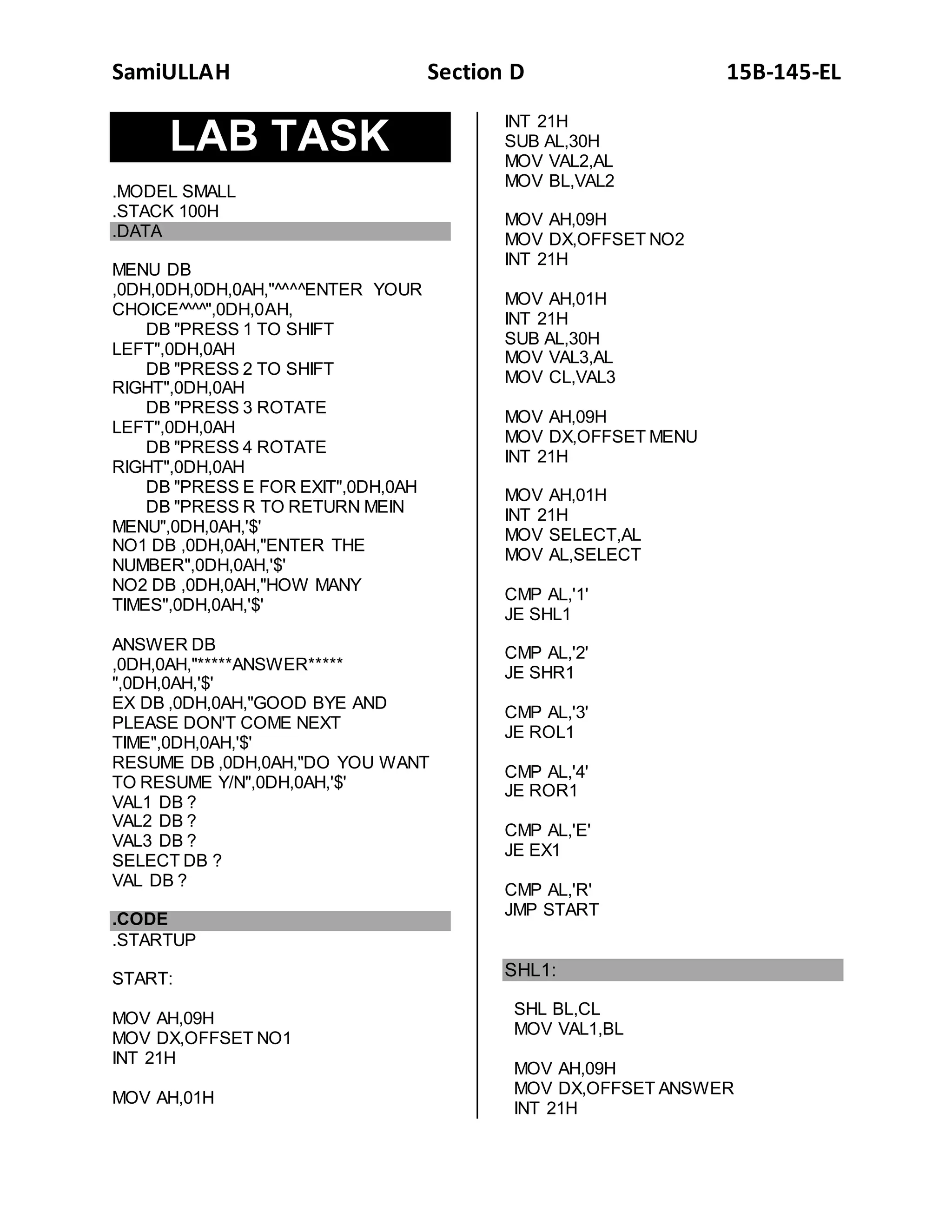 ROL ROR SHL SHR Assembly Language Programmin 8086 | PDF