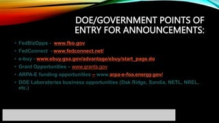 DOE/GOVERNMENT POINTS OF
ENTRY FOR ANNOUNCEMENTS:
• FedBizOpps - www.fbo.gov
• FedConnect - www.fedconnect.net/
• e-buy - www.ebuy.gsa.gov/advantage/ebuy/start_page.do
• Grant Opportunities – www.grants.gov
• ARPA-E funding opportunities – www.arpa-e-foa.energy.gov/
• DOE Laboratories business opportunities (Oak Ridge, Sandia, NETL, NREL,
etc.)
 