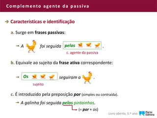 Os
 Características e identificação
a. Surge em frases passivas:
 A foi seguida .
c. agente da passiva
b. Equivale ao sujeito da frase ativa correspondente:
 seguiram a .
sujeito
c. É introduzido pela preposição por (simples ou contraída).
 A galinha foi seguida pelos pintainhos.
pelos
Complemento agente da passiva
Os
Livro aberto, 6.º ano
(= por + os)
 
