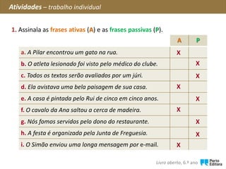 1. Assinala as frases ativas (A) e as frases passivas (P).
Atividades – trabalho individual
A P
a. A Pilar encontrou um gato na rua.
b. O atleta lesionado foi visto pelo médico do clube.
c. Todos os textos serão avaliados por um júri.
d. Ela avistava uma bela paisagem de sua casa.
e. A casa é pintada pelo Rui de cinco em cinco anos.
f. O cavalo da Ana saltou a cerca de madeira.
g. Nós fomos servidos pelo dono do restaurante.
h. A festa é organizada pela Junta de Freguesia.
i. O Simão enviou uma longa mensagem por e-mail.
X
X
X
X
X
X
X
X
X
Livro aberto, 6.º ano
 