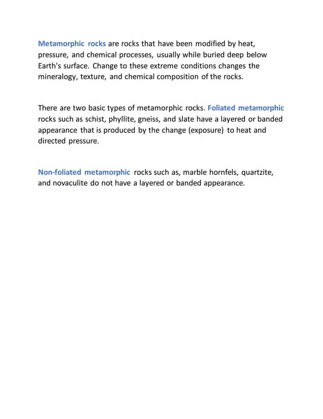 Physical Properties of different types of Metamorphic Rocks (Geology) | PDF
