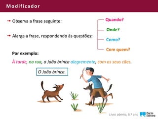 Modificador
Livro aberto, 6.º ano
 Observa a frase seguinte:
O João brinca.
 Alarga a frase, respondendo às questões:
Quando?
Onde?
Como?
Com quem?
Por exemplo:
À tarde, na rua, o João brinca alegremente, com os seus cães.
 