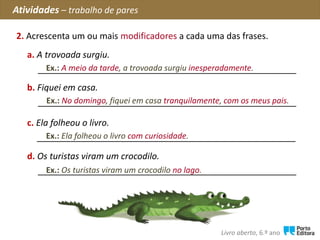 c. Ela folheou o livro.
_____________________________________________________
2. Acrescenta um ou mais modificadores a cada uma das frases.
Atividades – trabalho de pares
Livro aberto, 6.º ano
a. A trovoada surgiu.
_____________________________________________________
Ex.: Ela folheou o livro com curiosidade.
b. Fiquei em casa.
_____________________________________________________
d. Os turistas viram um crocodilo.
_____________________________________________________
Ex.: No domingo, fiquei em casa tranquilamente, com os meus pais.
Ex.: A meio da tarde, a trovoada surgiu inesperadamente.
Ex.: Os turistas viram um crocodilo no lago.
 