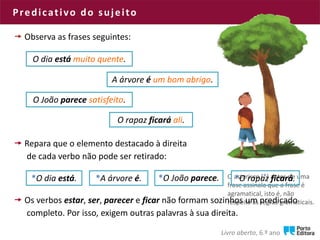 Predicativo do sujeito
 Observa as frases seguintes:
O dia está muito quente.
 Repara que o elemento destacado à direita
de cada verbo não pode ser retirado:
O rapaz ficará ali.
O asterisco (*) antes de uma
frase assinala que a frase é
agramatical, isto é, não
respeita as regras gramaticais.
A árvore é um bom abrigo.
*O dia está. *O João parece.*A árvore é.
O João parece satisfeito.
*O rapaz ficará.
 Os verbos estar, ser, parecer e ficar não formam sozinhos um predicado
completo. Por isso, exigem outras palavras à sua direita.
Livro aberto, 6.º ano
 