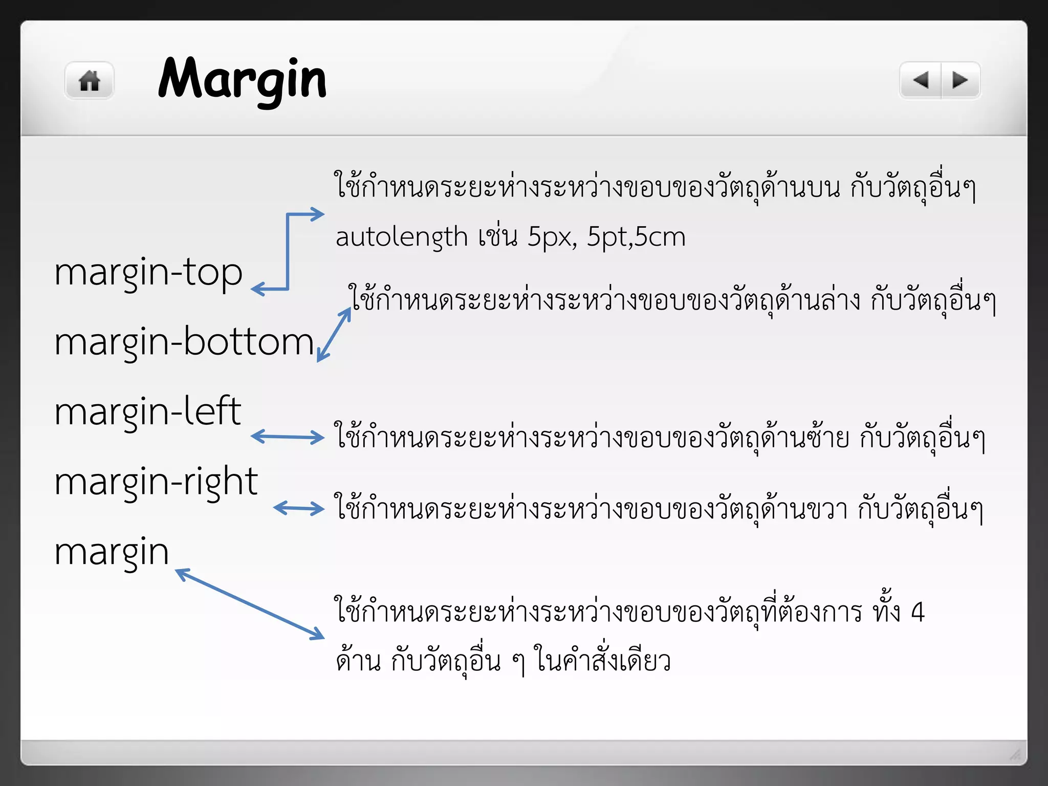 Margin
margin-top
margin-bottom
margin-left
margin-right
margin
ใช้กาหนดระยะห่างระหว่างขอบของวัตถุด้านบน กับวัตถุอื่นๆ
autolength เช่น 5px, 5pt,5cm
ใช้กาหนดระยะห่างระหว่างขอบของวัตถุด้านล่าง กับวัตถุอื่นๆ
ใช้กาหนดระยะห่างระหว่างขอบของวัตถุด้านซ้าย กับวัตถุอื่นๆ
ใช้กาหนดระยะห่างระหว่างขอบของวัตถุด้านขวา กับวัตถุอื่นๆ
ใช้กาหนดระยะห่างระหว่างขอบของวัตถุที่ต้องการ ทั้ง 4
ด้าน กับวัตถุอื่น ๆ ในคาสั่งเดียว
 