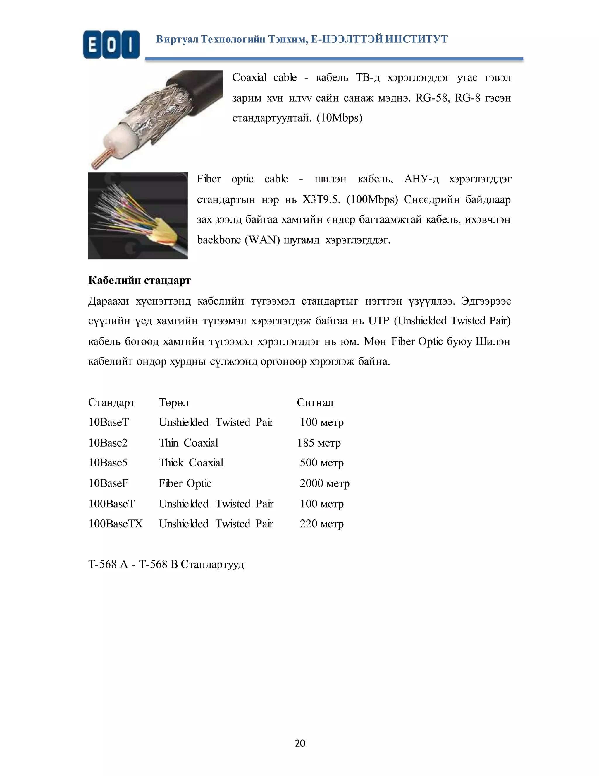 Виртуал Те хнологийн Тэнхим, Е-НЭЭЛТТЭЙ ИНСТИТУТ 
Coaxial cable - кабель ТВ-д хэрэглэгддэг утас гэвэл 
зарим хvн илvv сайн санаж мэднэ. RG-58, RG-8 гэсэн 
стандартуудтай. (10Mbps) 
Fiber optic cable - шилэн кабель, АНУ-д хэрэглэгддэг 
стандартын нэр нь X3T9.5. (100Mbps) Єнєєдрийн байдлаар 
зах зээлд байгаа хамгийн єндєр багтаамжтай кабель, ихэвчлэн 
backbone (WAN) шугамд хэрэглэгддэг. 
Кабелийн стандарт 
Дараахи хүснэгтэнд кабелийн түгээмэл стандартыг нэгтгэн үзүүллээ. Эдгээрээс 
сүүлийн үед хамгийн түгээмэл хэрэглэгдэж байгаа нь UTP (Unshielded Twisted Pair) 
кабель бөгөөд хамгийн түгээмэл хэрэглэгддэг нь юм. Мөн Fiber Optic буюу Шилэн 
кабелийг өндөр хурдны сүлжээнд өргөнөөр хэрэглэж байна. 
Стандарт Төрөл Сигнал 
10BaseT Unshielded Twisted Pair 100 метр 
10Base2 Thin Coaxial 185 метр 
10Base5 Thick Coaxial 500 метр 
10BaseF Fiber Optic 2000 метр 
100BaseT Unshielded Twisted Pair 100 метр 
100BaseTX Unshielded Twisted Pair 220 метр 
20 
T-568 A - T-568 B Стандартууд 
 