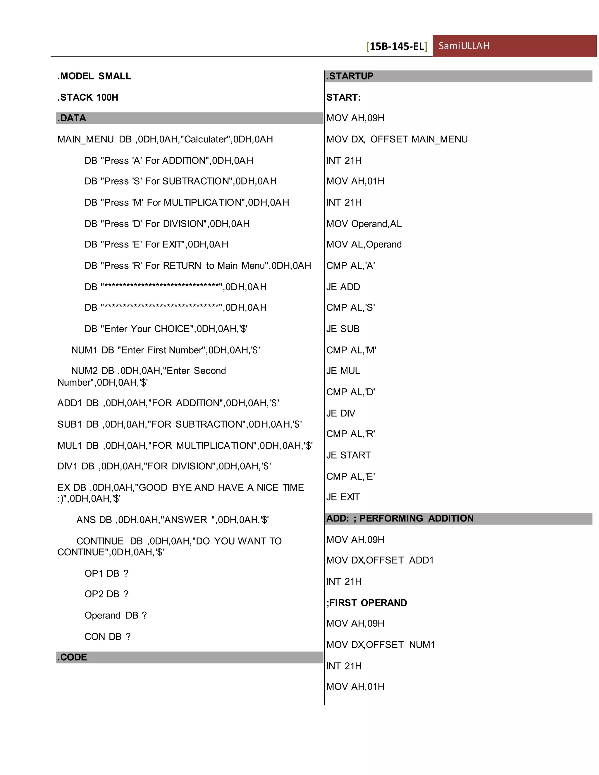Calculator 8086 Assembly Language Programming | DOCX